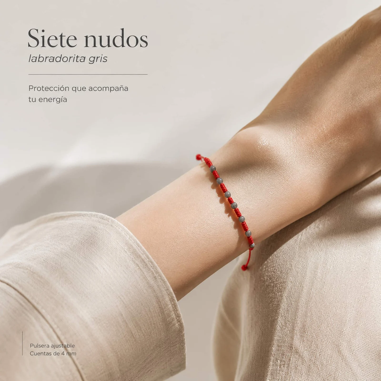 PULSERA 7 NUDOS CON  LABRADORITA GRIS 4MM