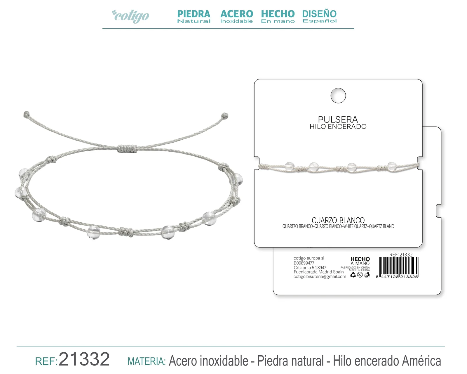 PULSERA HILO ENCERADO CON CUARZO BLANCO