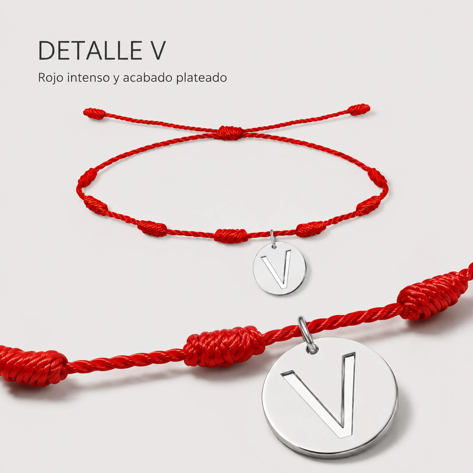 PULSERA 7 NUDOS CON LETRA V COLOR PLATEADO