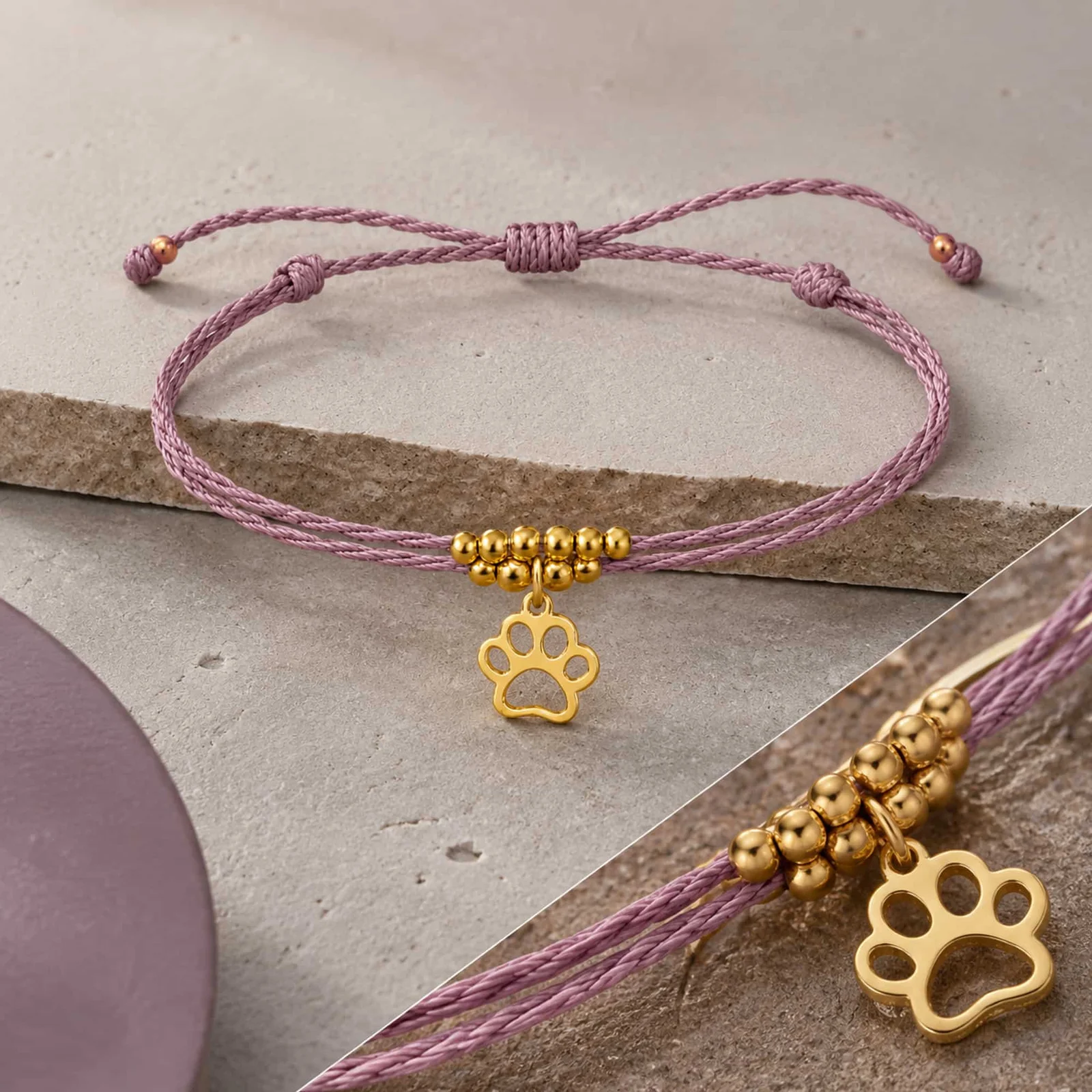 PULSERA HILO ENCERADO CON COLGANTE HUELLA DE GATO ACERO DORADO