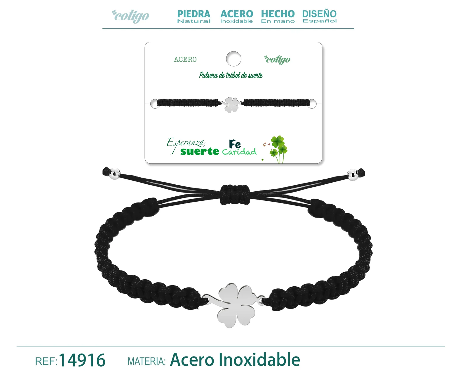 PULSERA HILO TRENZADONEGRO-TREBOL CUATRO HOJAS PLATEADO