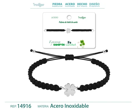 PULSERA HILO TRENZADONEGRO-TREBOL CUATRO HOJAS PLATEADO