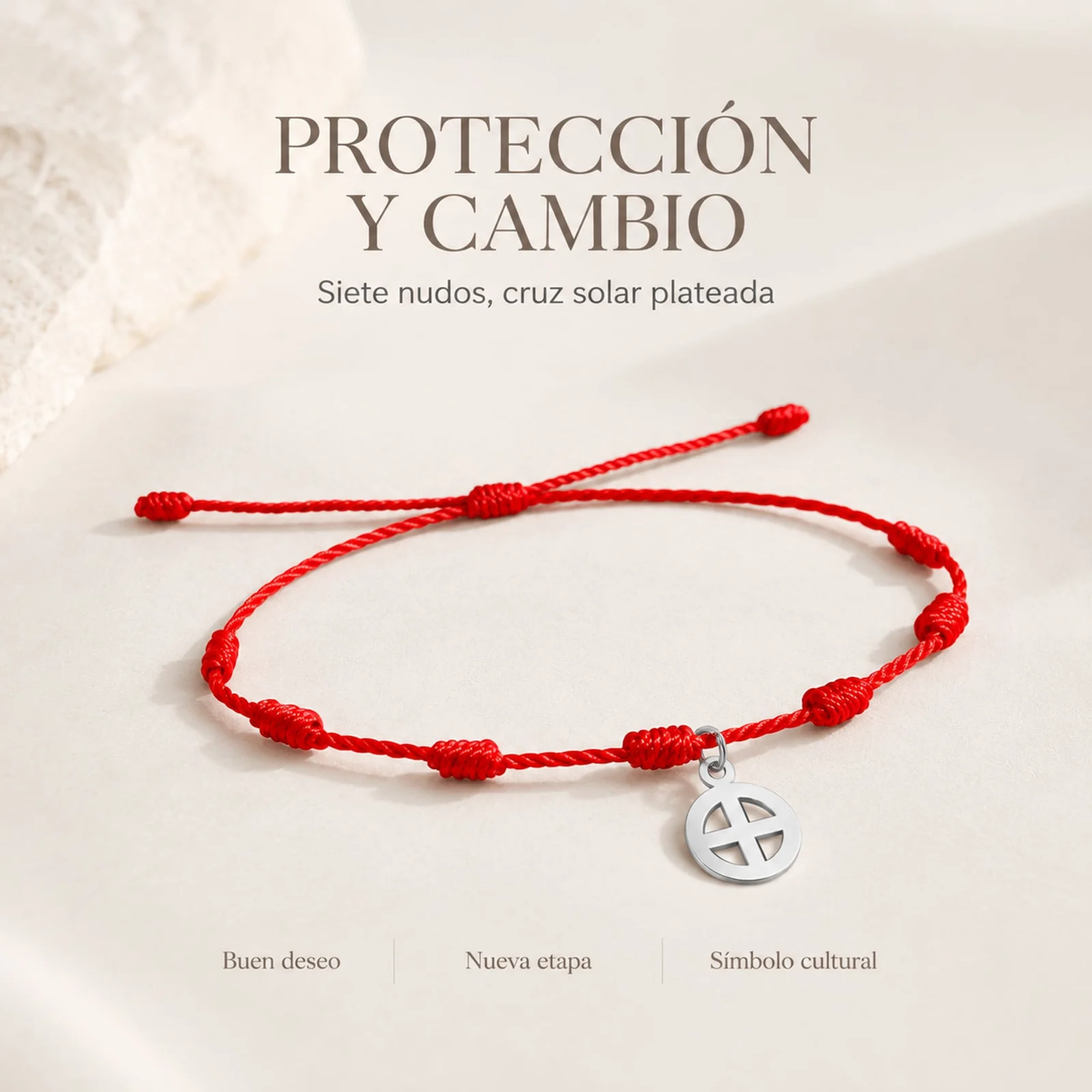 PULSERA 7 NUDOS CON CRUZ SOLAR COLOR PLATEADO