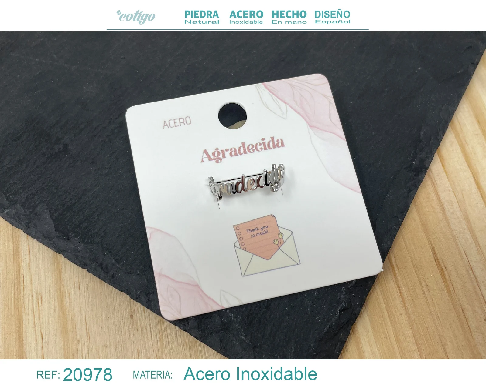ANILLO CON PALABRA AGRADECIDA ACERO COLOR PLATEADO