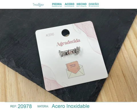 ANILLO CON PALABRA AGRADECIDA ACERO COLOR PLATEADO