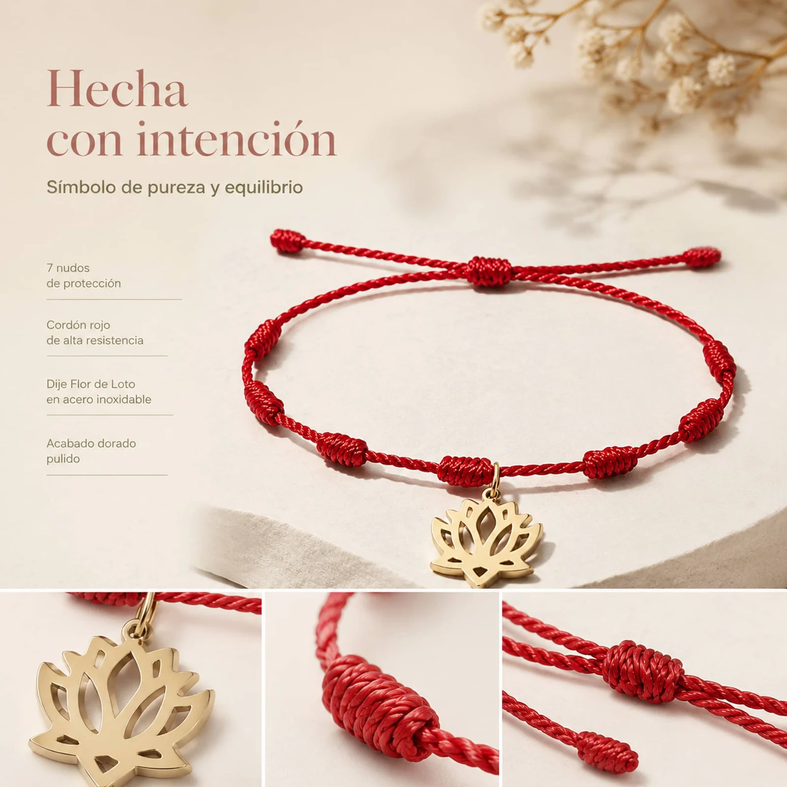 PULSERA 7 NUDOS CON FLOR DE LOTO COLOR DORADO