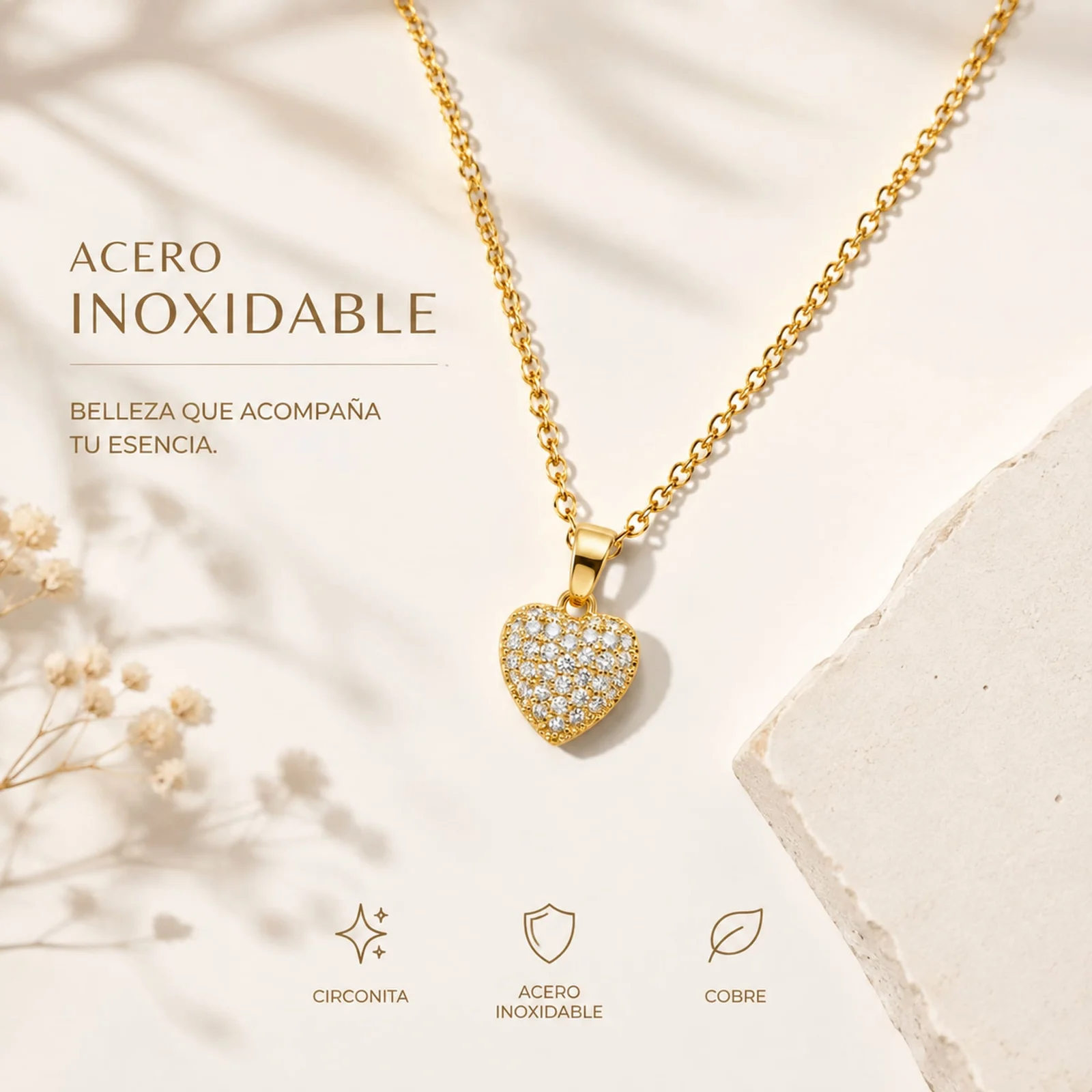 Colgangte Cobre con Circonita Colar Dorado y Cadena Acero
