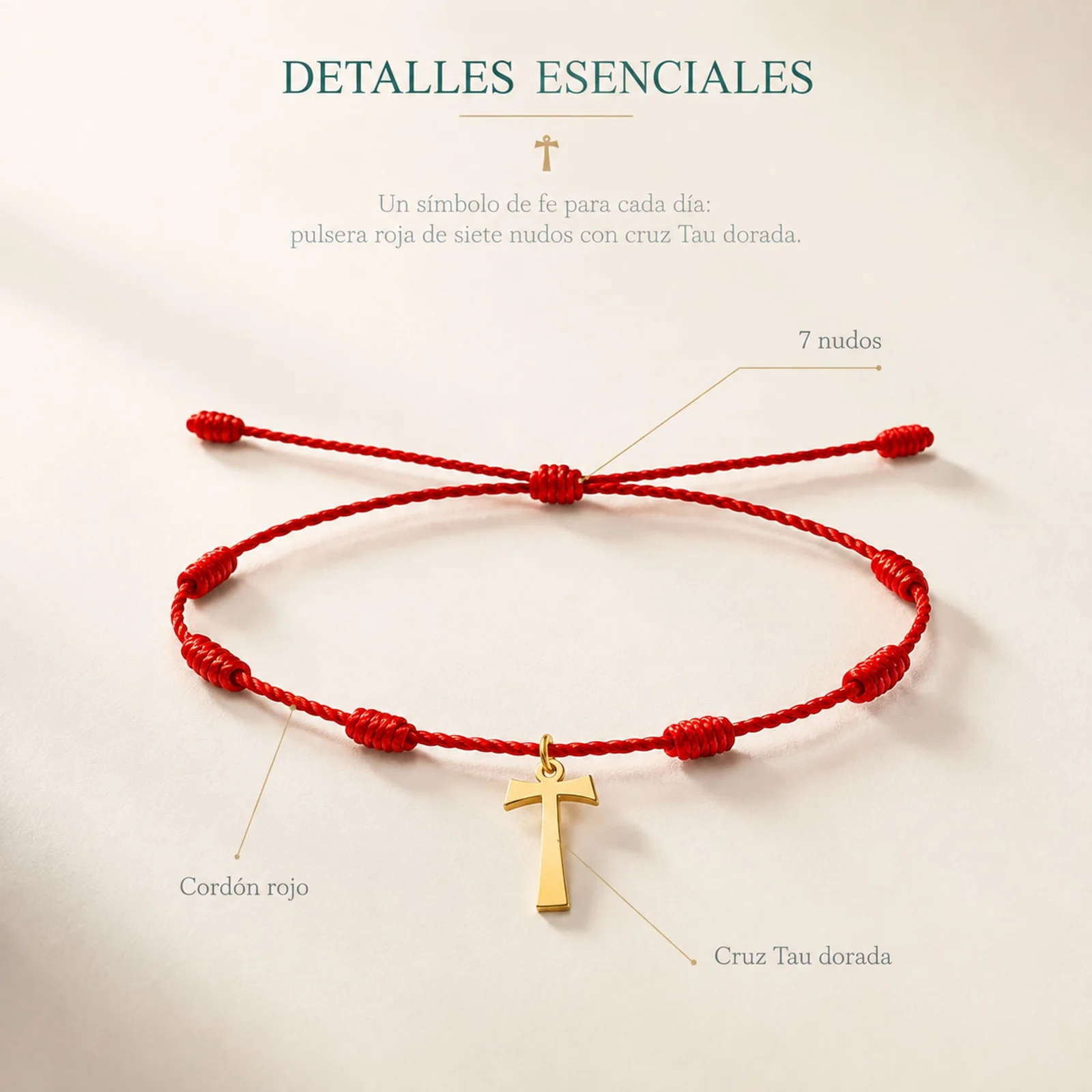 PULSERA 7 NUDOS CON CRUZ DE TAU COLOR DORADO