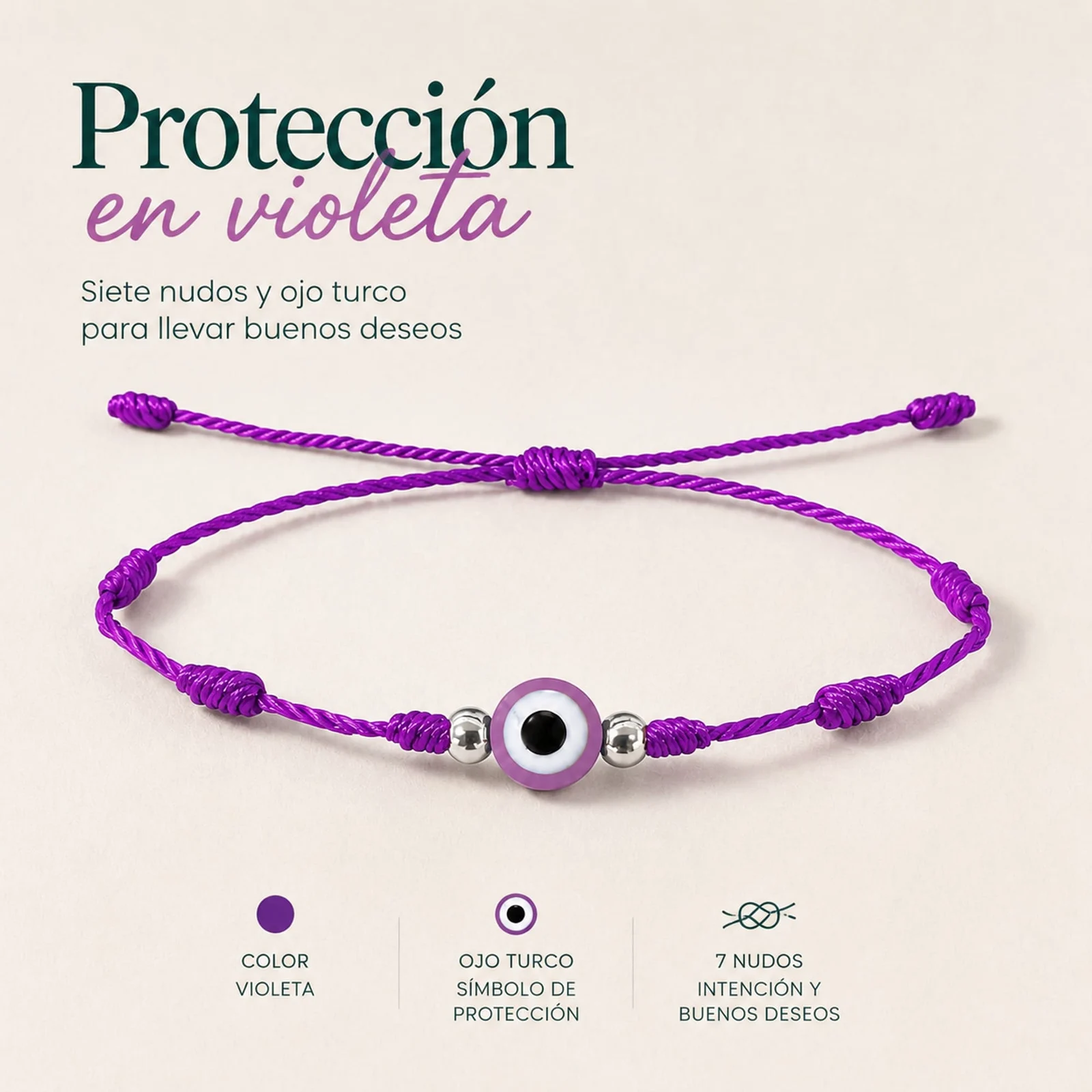 PULSERA 7 NUDOS VIOLETA CON OJO TURCO