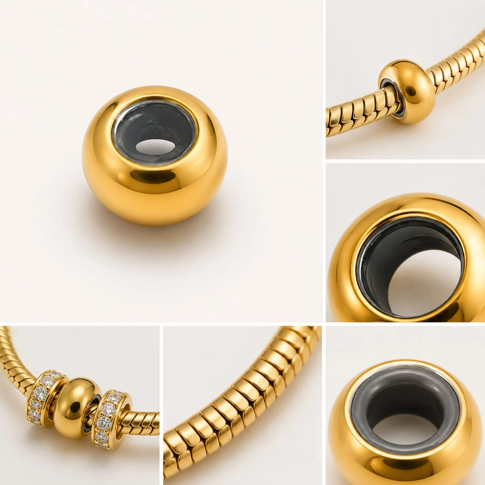 BOLA PLANO 6MM ACERO DORADO CON GOMA PARA FIJAR CHARM EN CADENA DE SERPIENTE