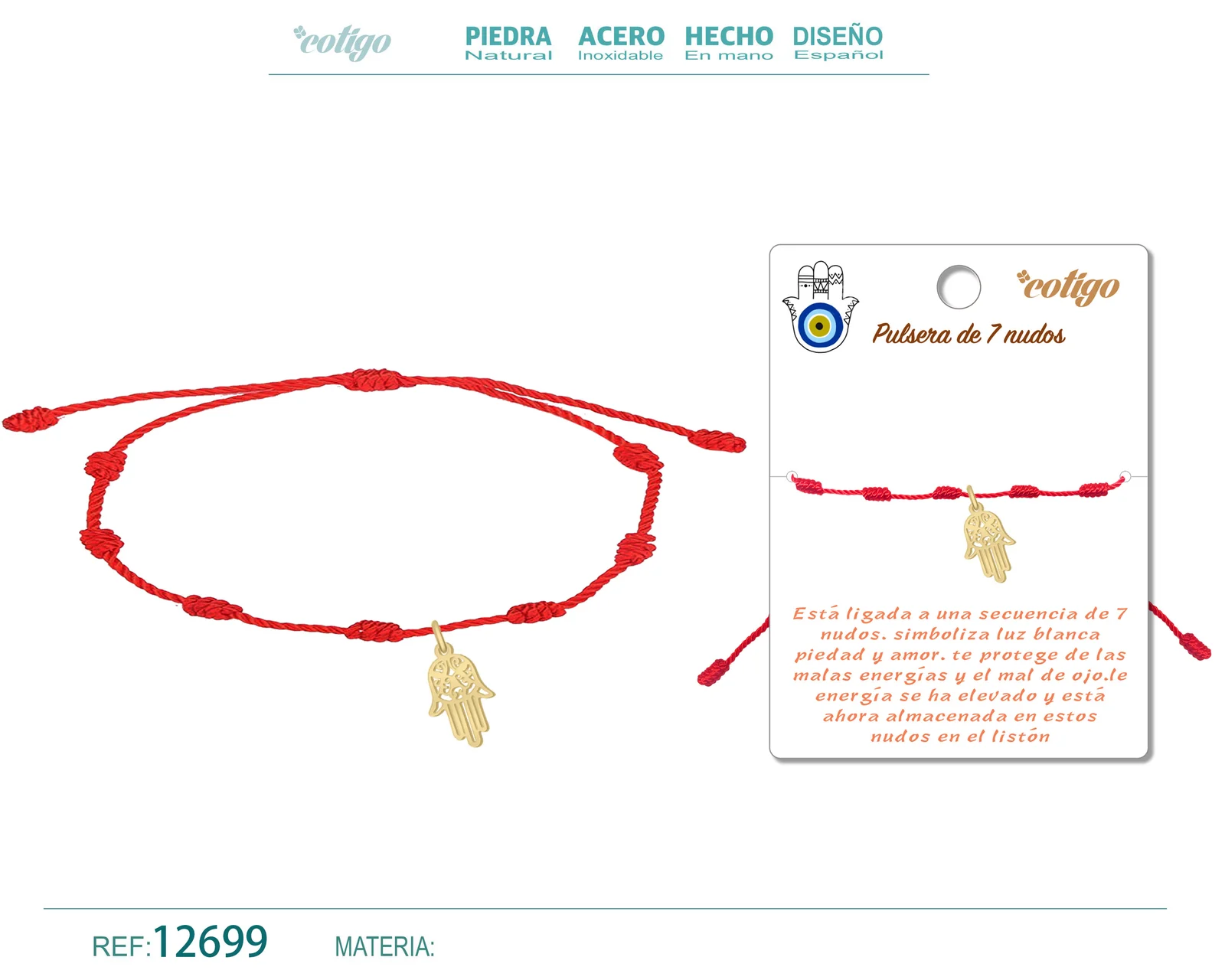 PULSERA 7 NUDOS CON MANO DE FATIMA ACERO DORADO