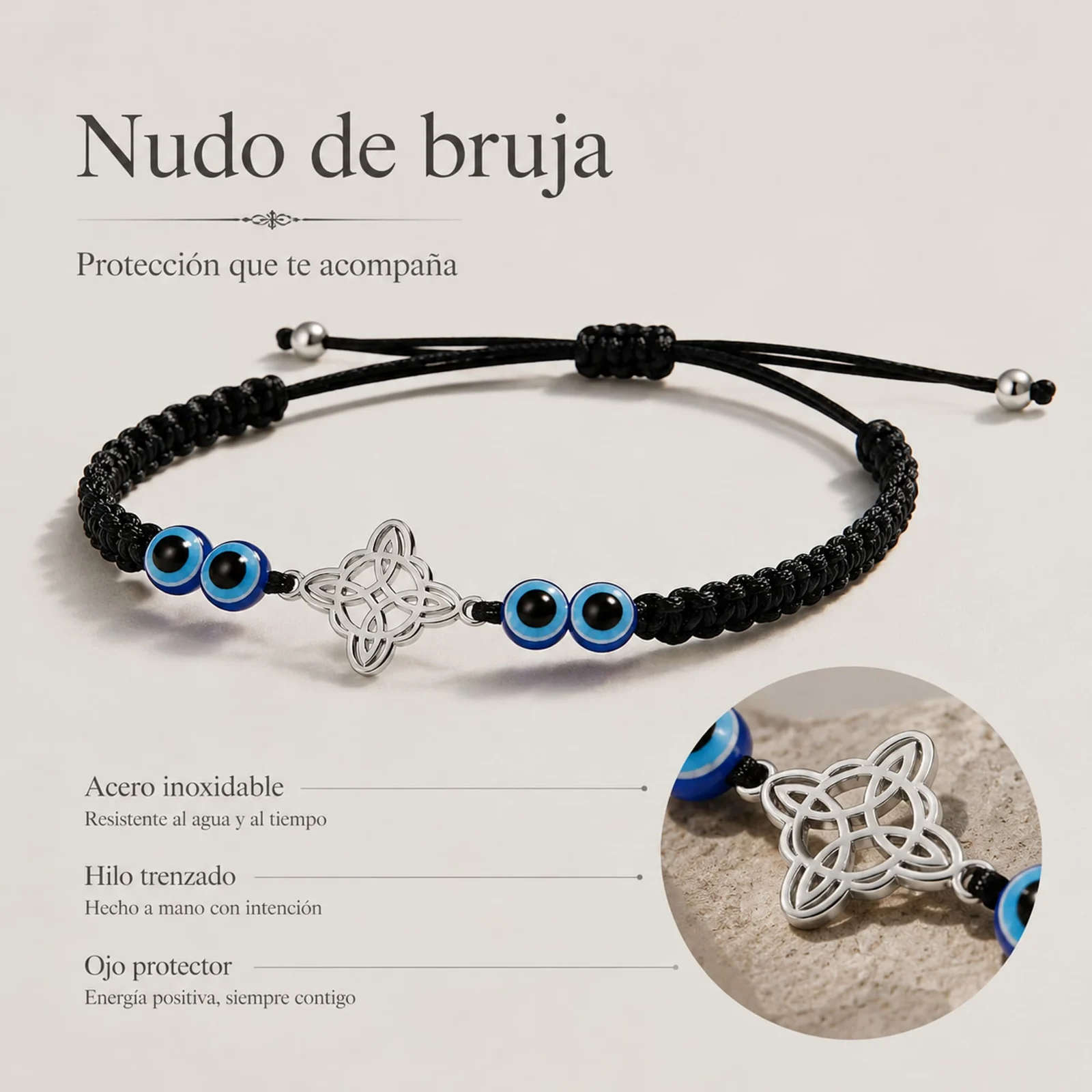 PULSERA HILO DESTINO CON OJO DE TURCO YNUDO DE BRUJA ACERO PLATEADO