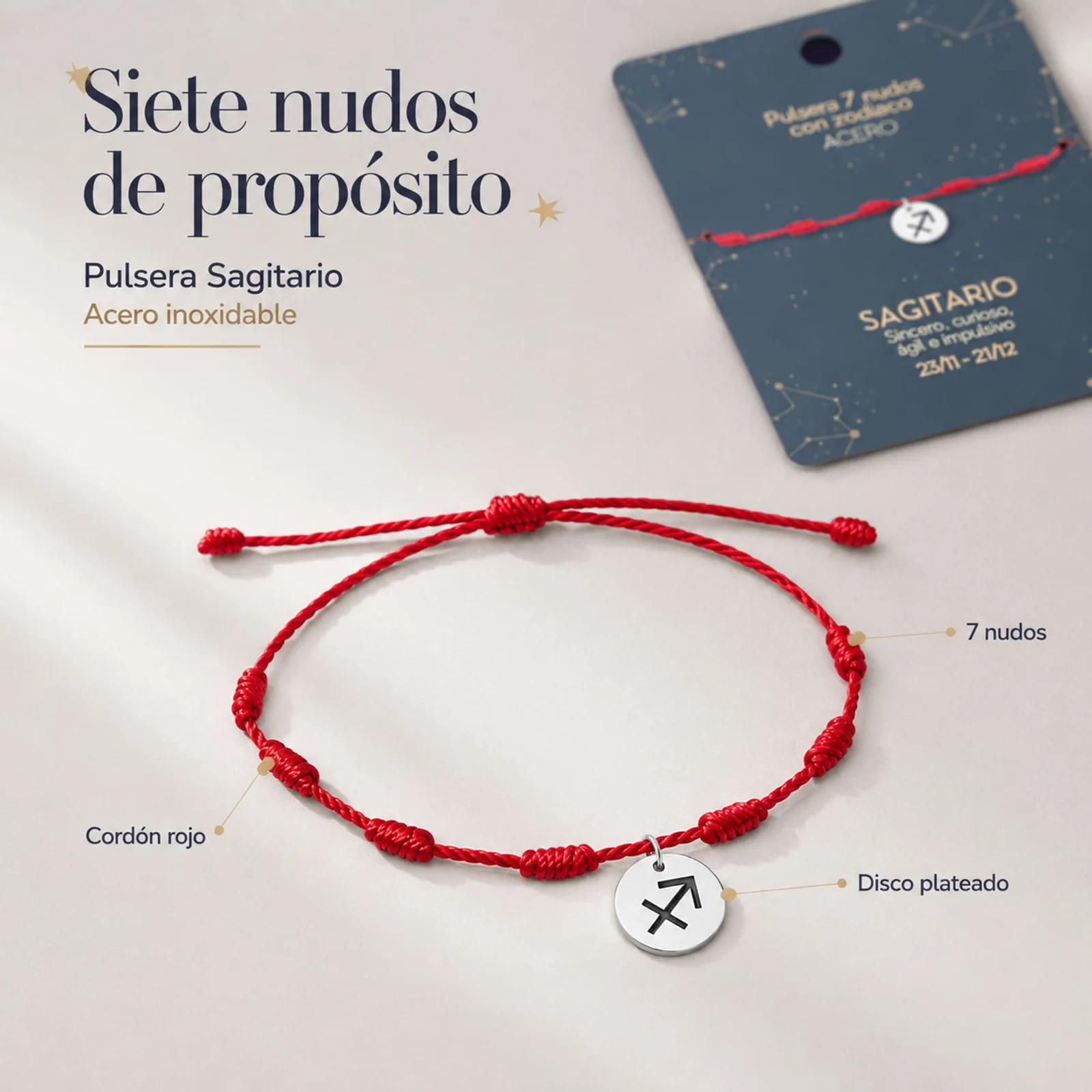 PULSERA 7 NUDOS CON SAGITARIO ACERO. COLOR PLATEADO