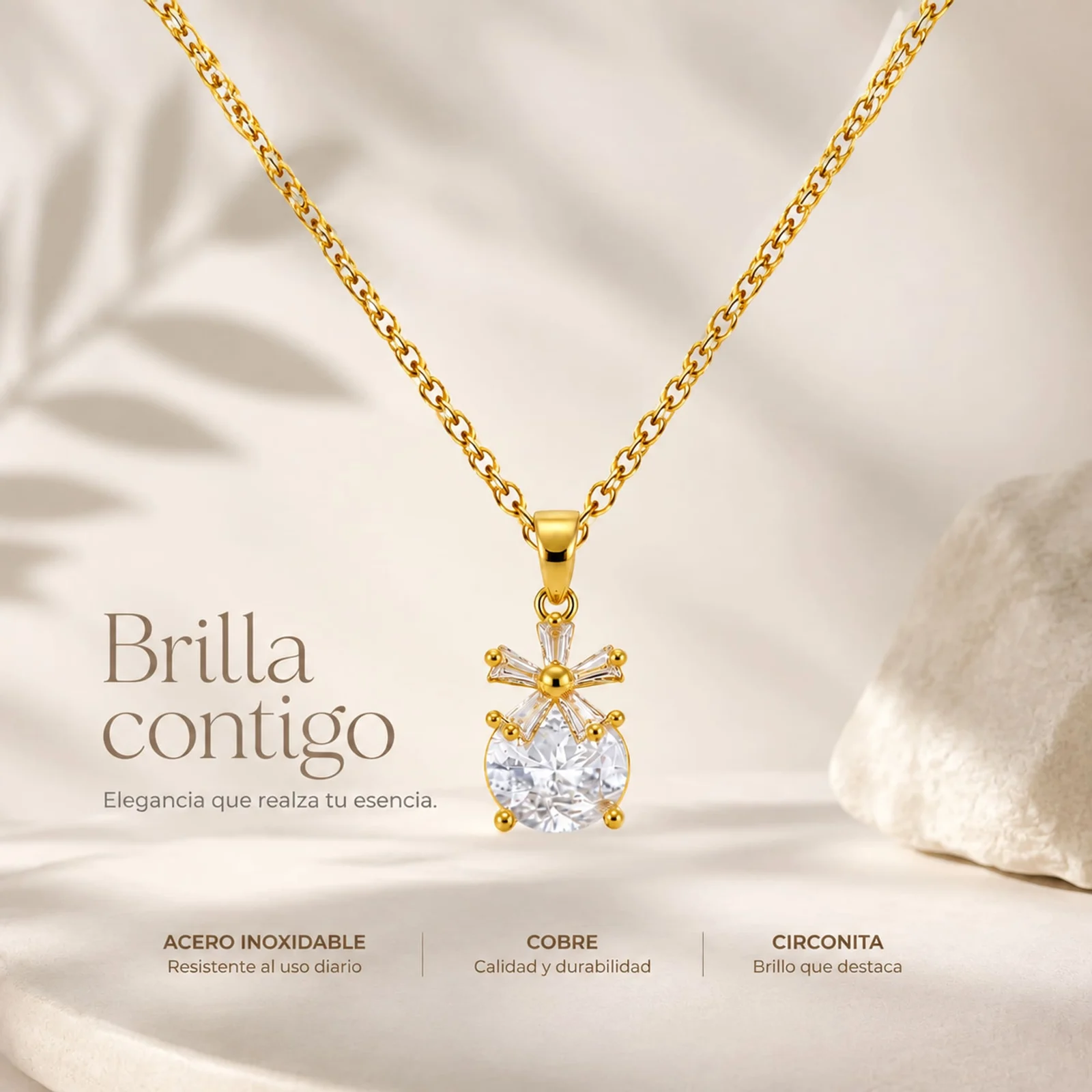 Colgangte Cobre con Circonita Colar Dorado y Cadena Acero