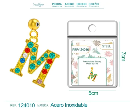 CHARM DE LETRA M ACERO COLOR DORADO CON CIRCONITA-CON BOLA DE GOMA