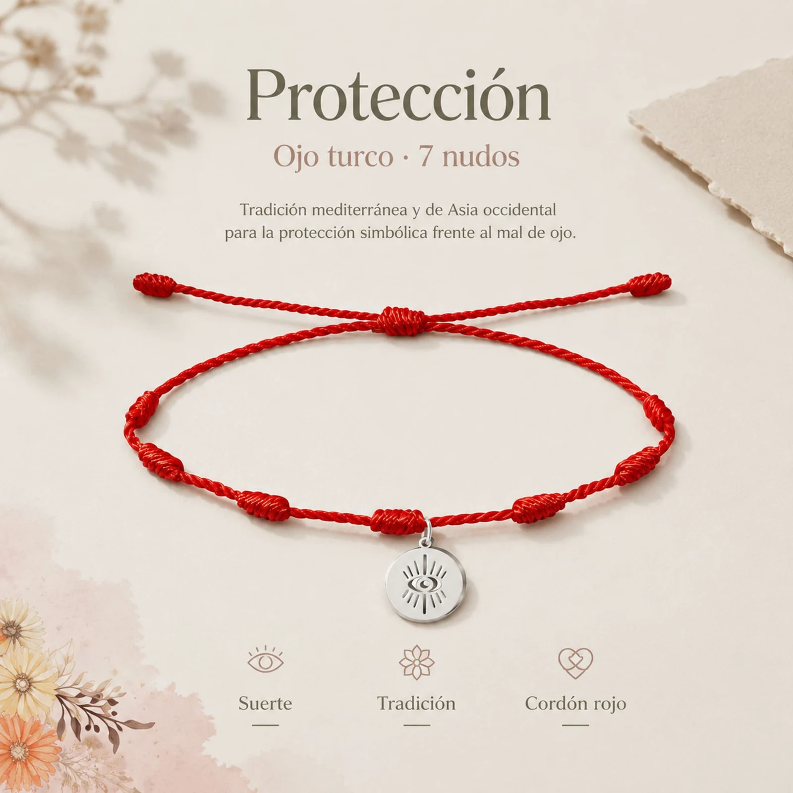 PULSERA 7 NUDOS CON OJO TURCO COLOR PLATEADO