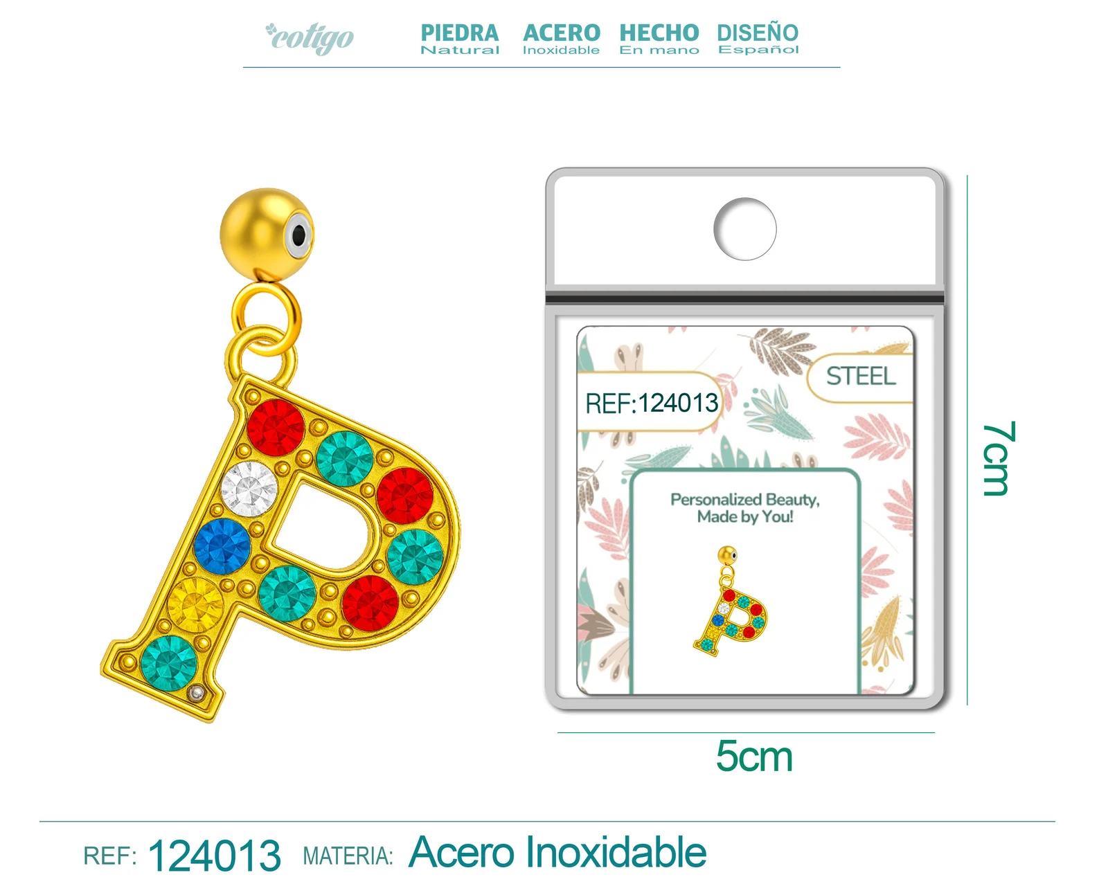 CHARM DE LETRA P ACERO COLOR DORADO CON CIRCONITA-CON BOLA DE GOMA