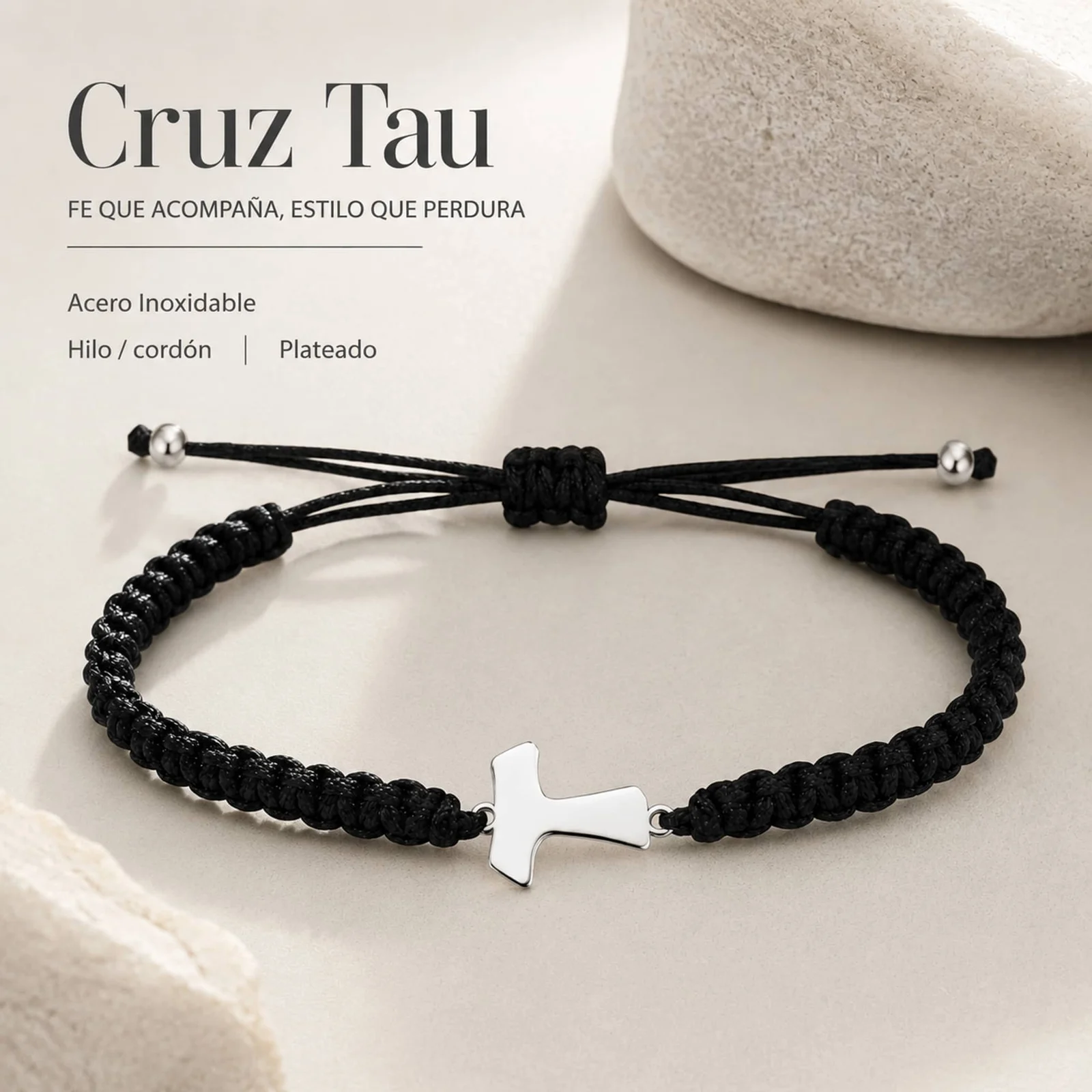 PULSERA HILO DESTINO  CON CRUZ TAU ACERO PLATEADO