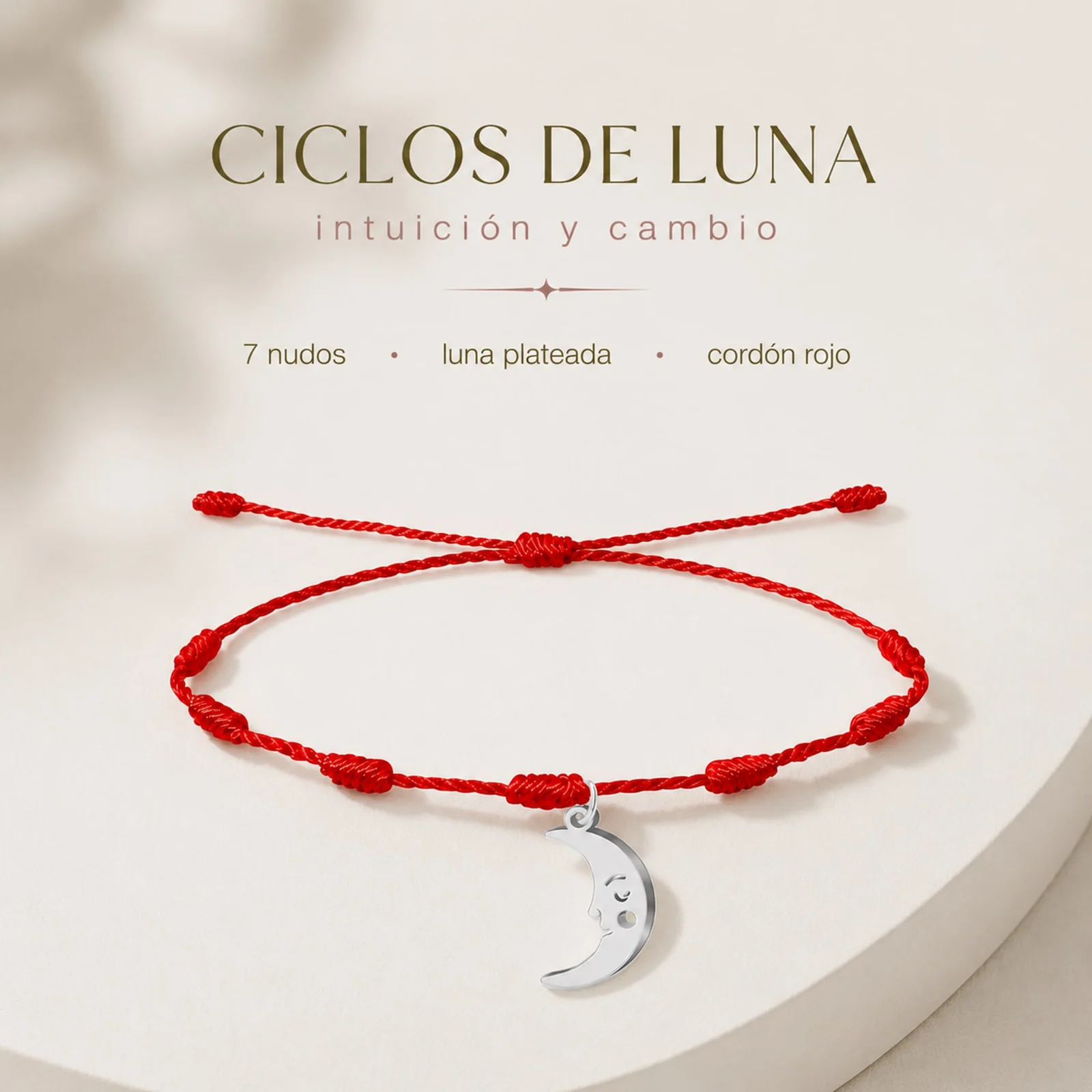 PULSERA 7 NUDOS CON LUNA COLOR PLATEADO