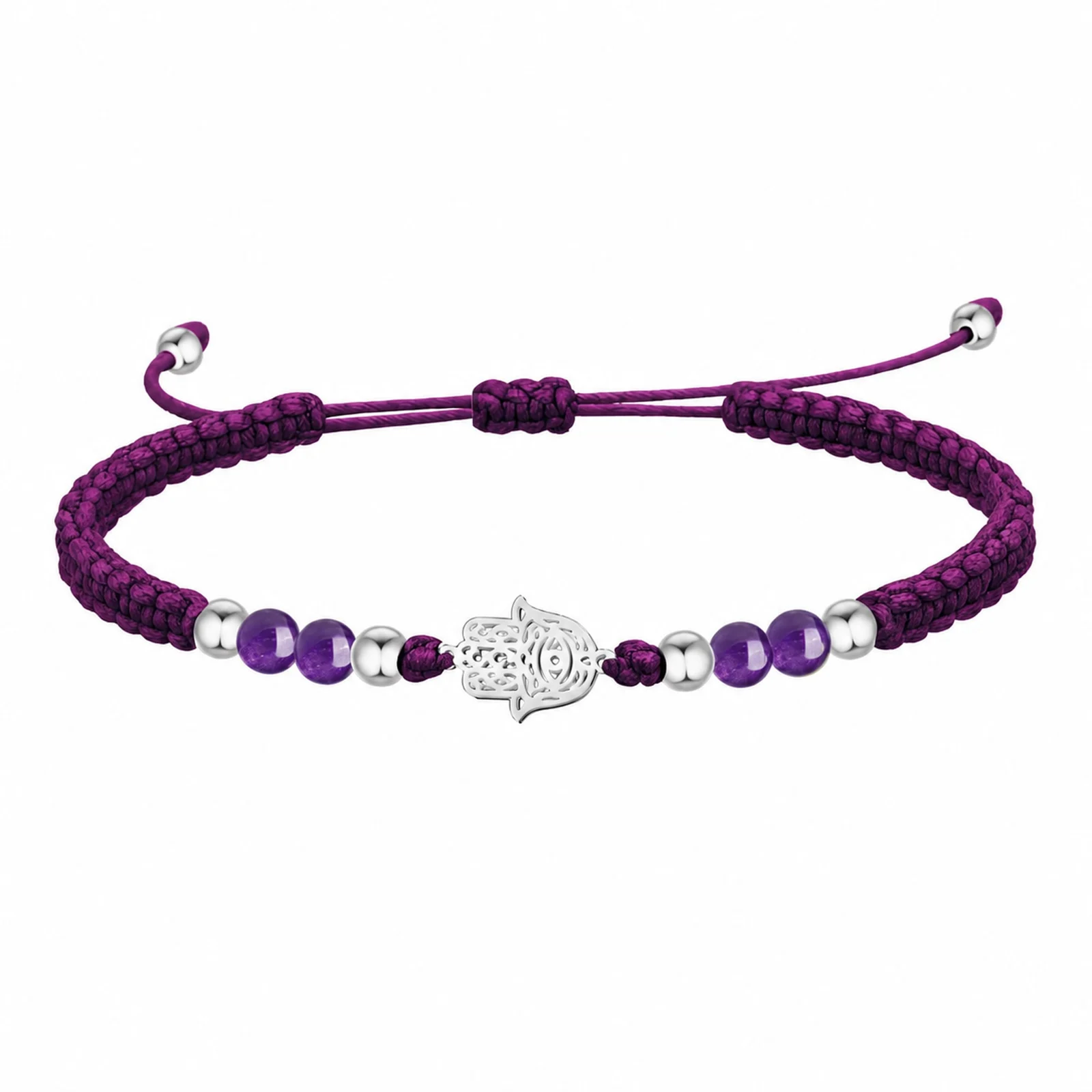 PULSERA HILO ENCERADO CON AMATISTA Y MANO DE FÁTIMA ACERO
