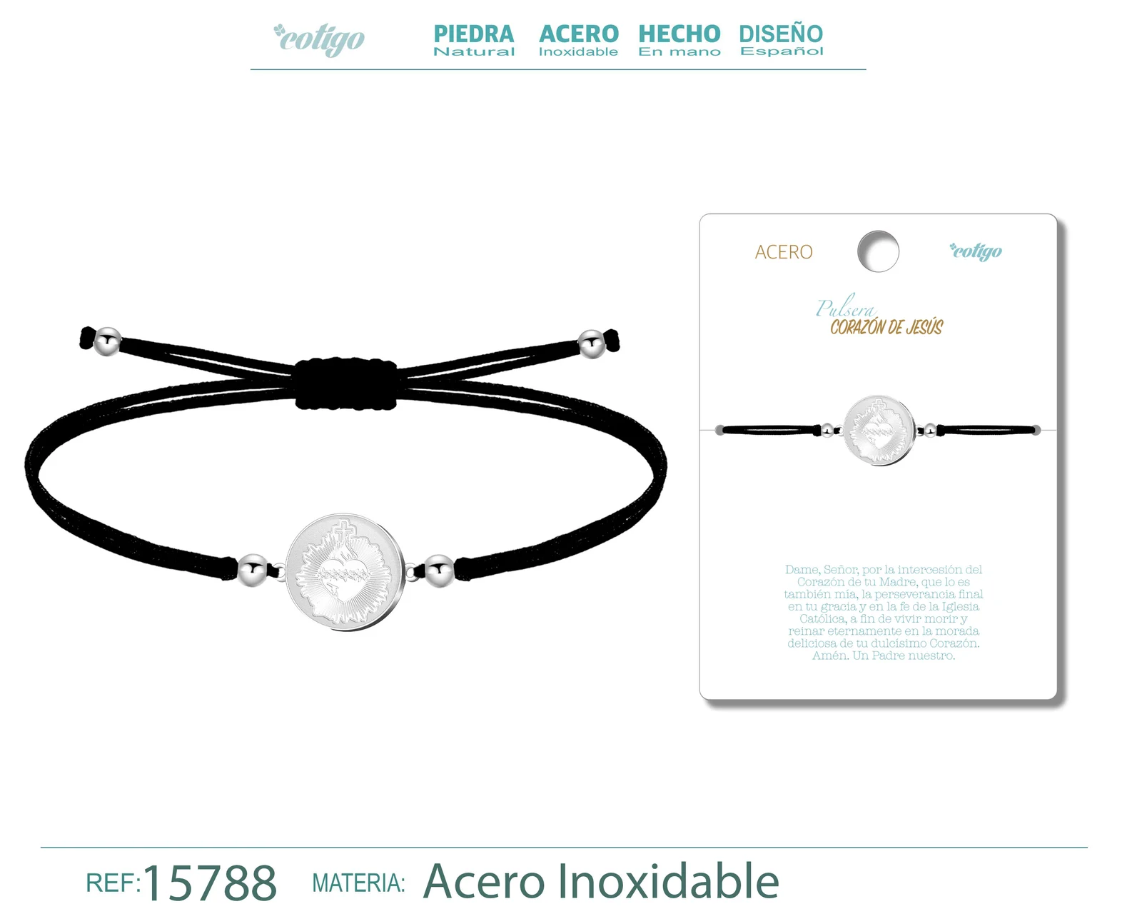 PULSERA HILO ENCERADO CON CORAZON DE JESUS COLOR PLATEADO