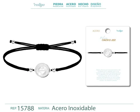PULSERA HILO ENCERADO CON CORAZON DE JESUS COLOR PLATEADO