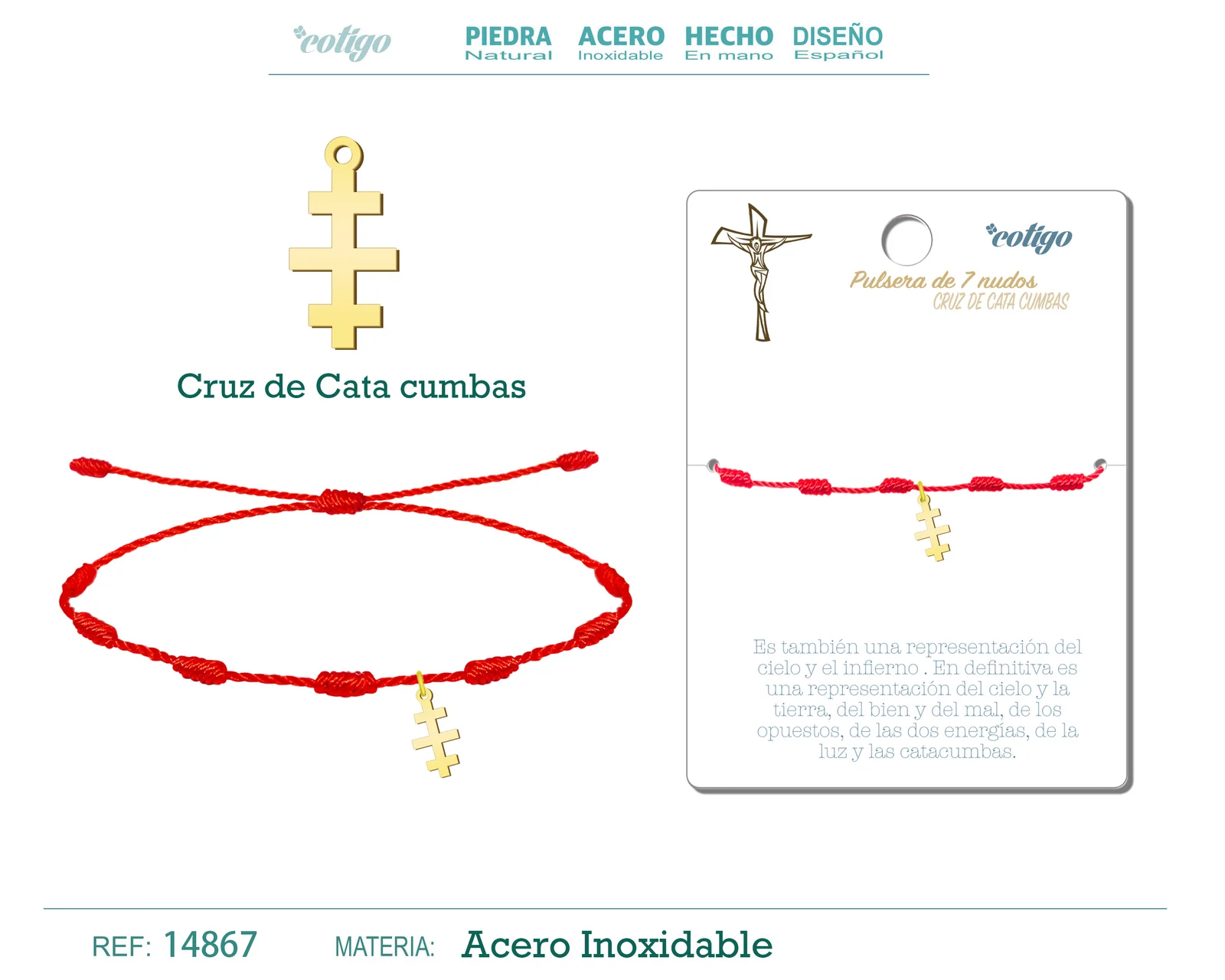 PULSERA 7 NUDOS CON CRUZ DE CATA CUMBAS COLOR DORADO