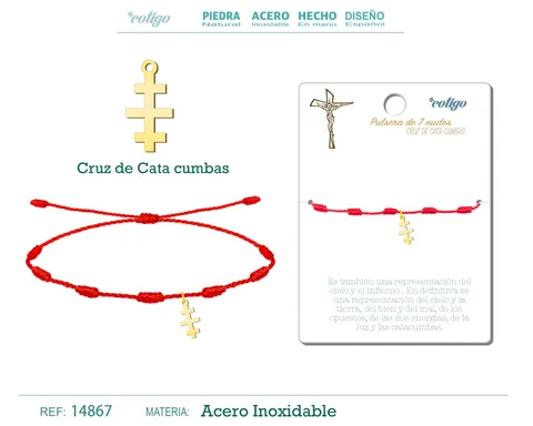 PULSERA 7 NUDOS CON CRUZ DE CATA CUMBAS COLOR DORADO