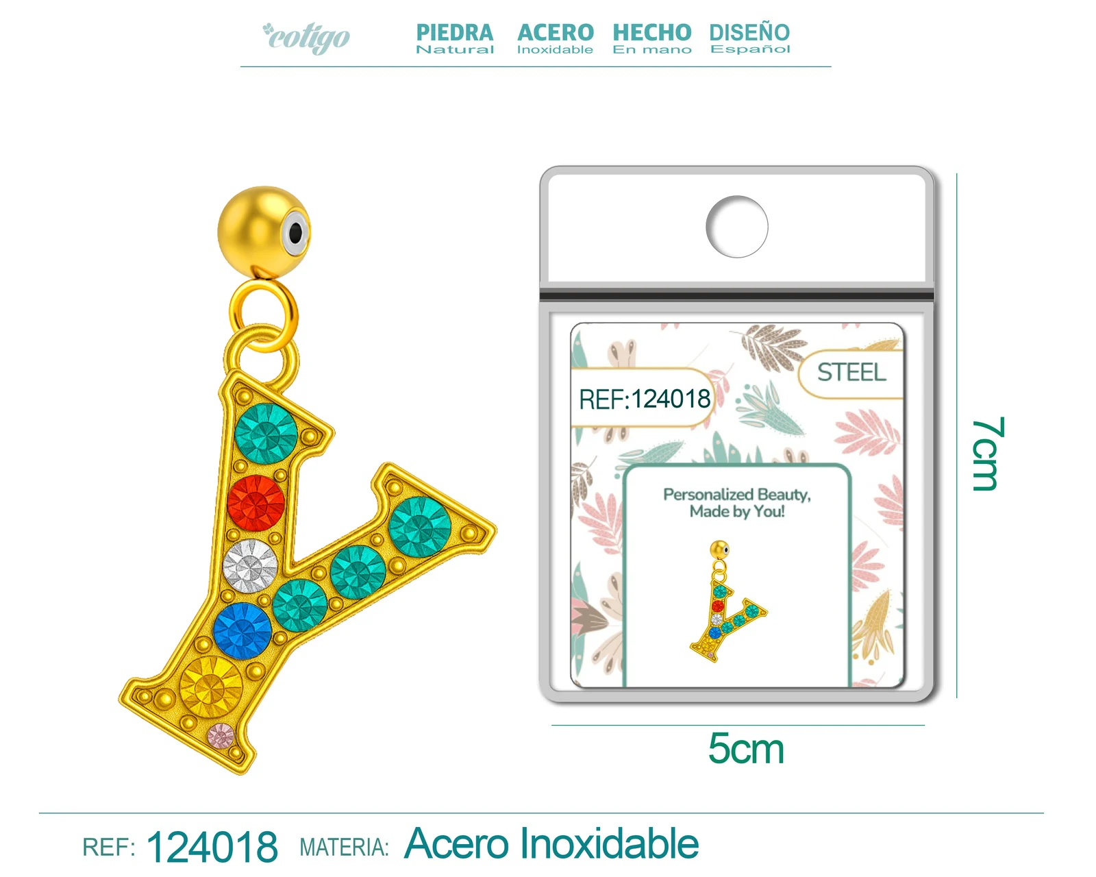 CHARM DE LETRA Y ACERO COLOR DORADO CON CIRCONITA-CON BOLA DE GOMA