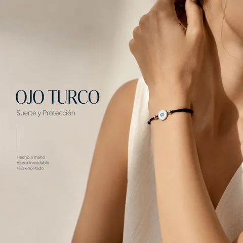 Pulsera Hilo encerado Negro CON OJO TURCO Plateado