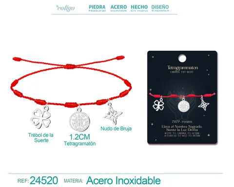 PULSERA 7 NUDOS CON TETRAGRAMMATON  NUDO DE BRUJA Y TRÉBOL DE LA SUERTE ACERO PLATEADO