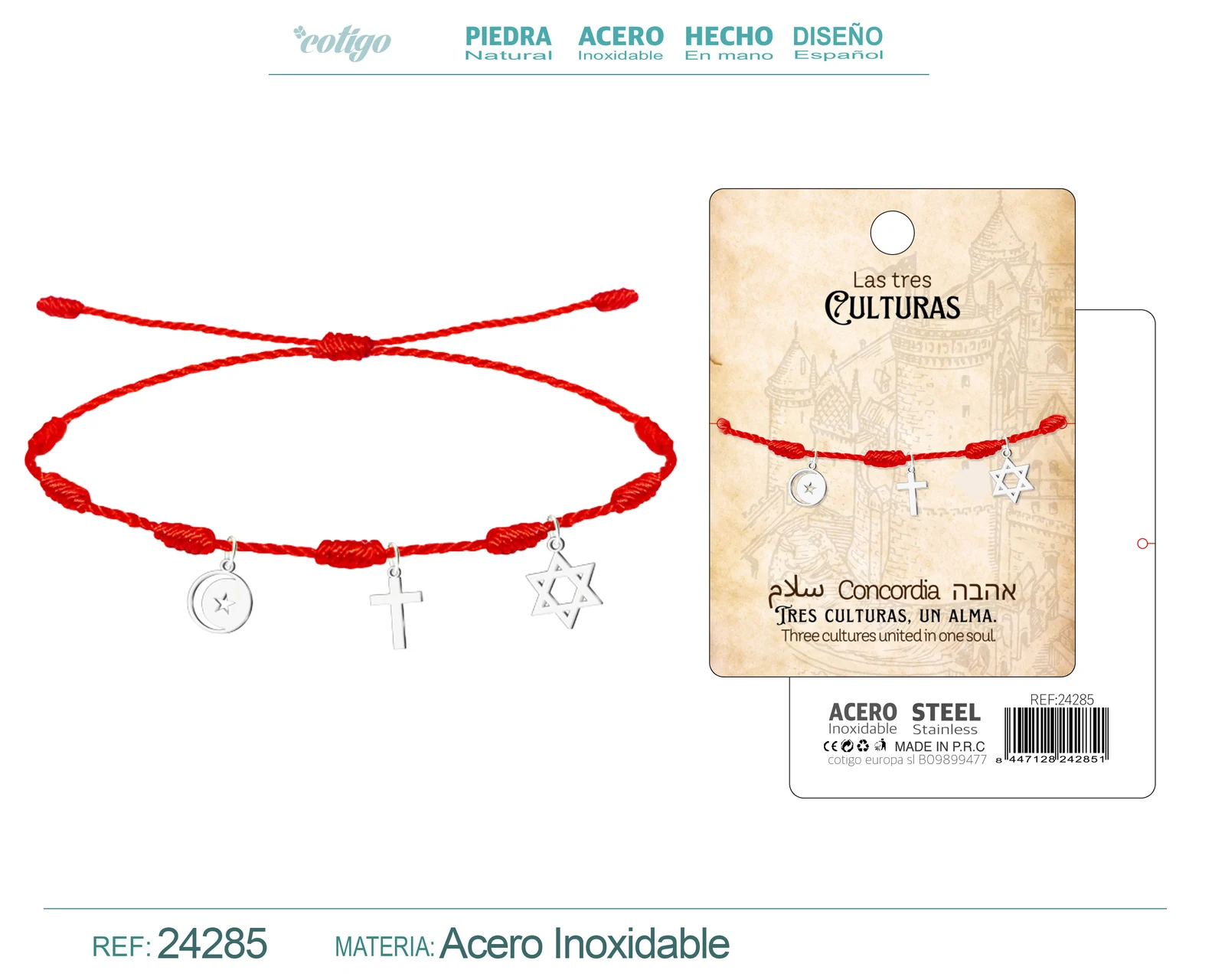 PULSERA 7 NUDOS CON  3 CULTURAL ACERO PLATEADO