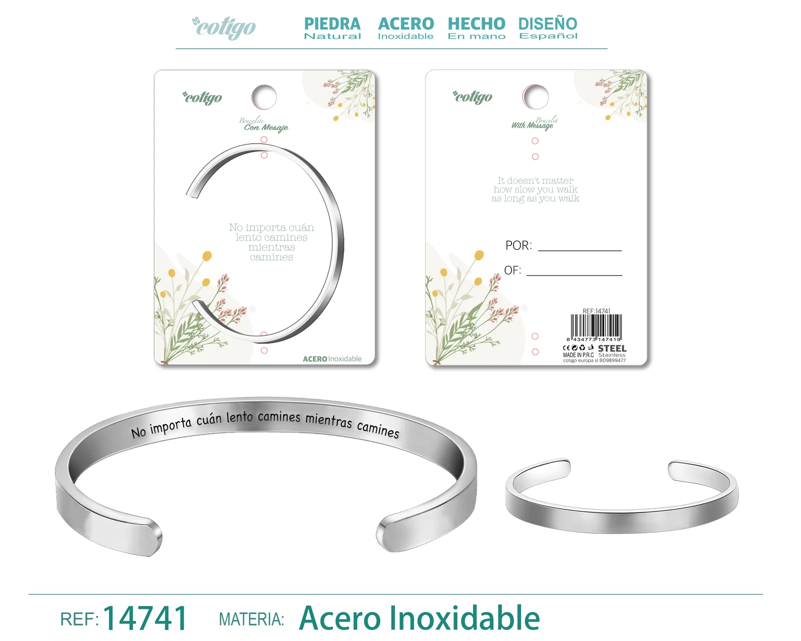 BRAZALETE ACERO CON MENSAJE ESPAÑOL