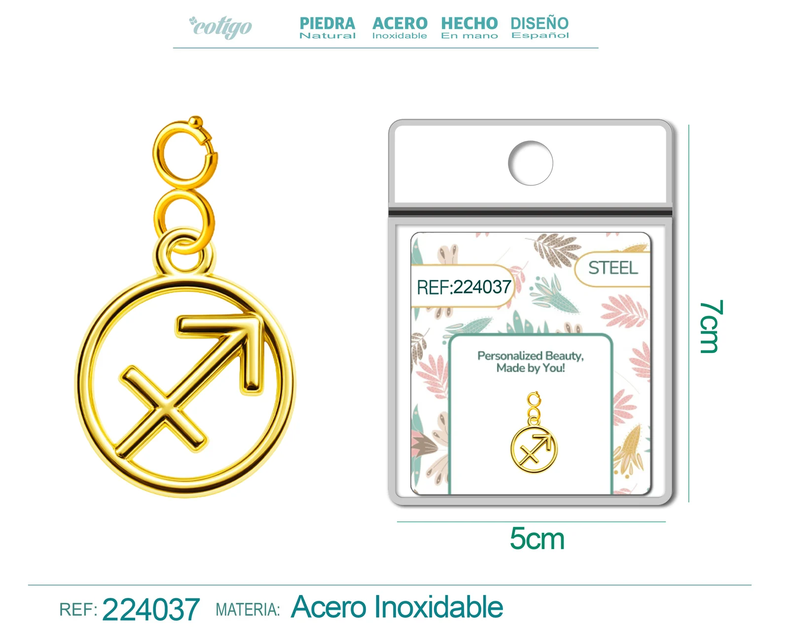CHARM DE ZODÍACO SAGITÁRIO ACERO COLOR DORADO-CON CIERRE
