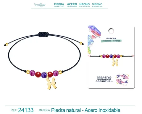 PULSERA PIEDRA NATURAL CON COLGANTE PISCIS ACERO DORADO
