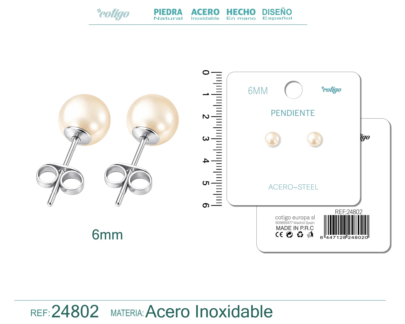 PENDIENTE DE PERLA REDONDA 6MM CON ACCESORIO ACERO