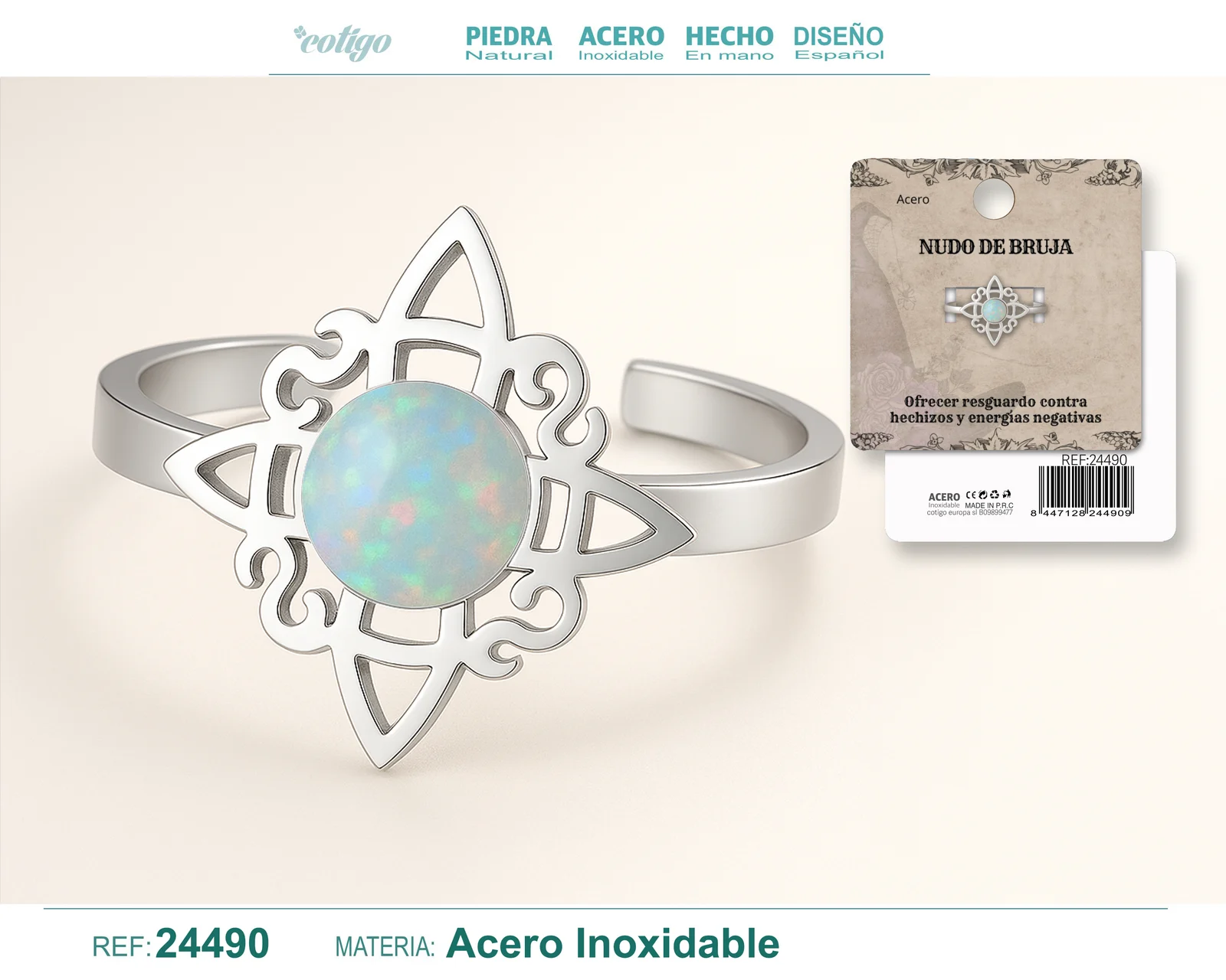 ANILLO NUDO DE BRUJA ACERO PLATEADO CON OPALINA
