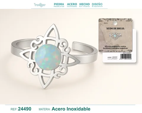 ANILLO NUDO DE BRUJA ACERO PLATEADO CON OPALINA