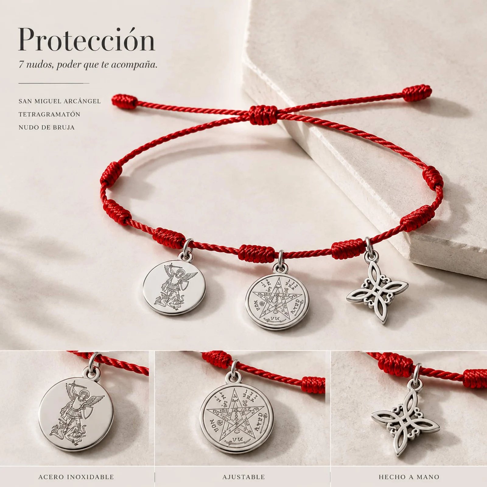 PULSERA 7 NUDOS CON TETRAGRÁMATON  NUDO DE BRUJA Y SAN MIGUEL ARCÁNGEL ACERO PLATEADO