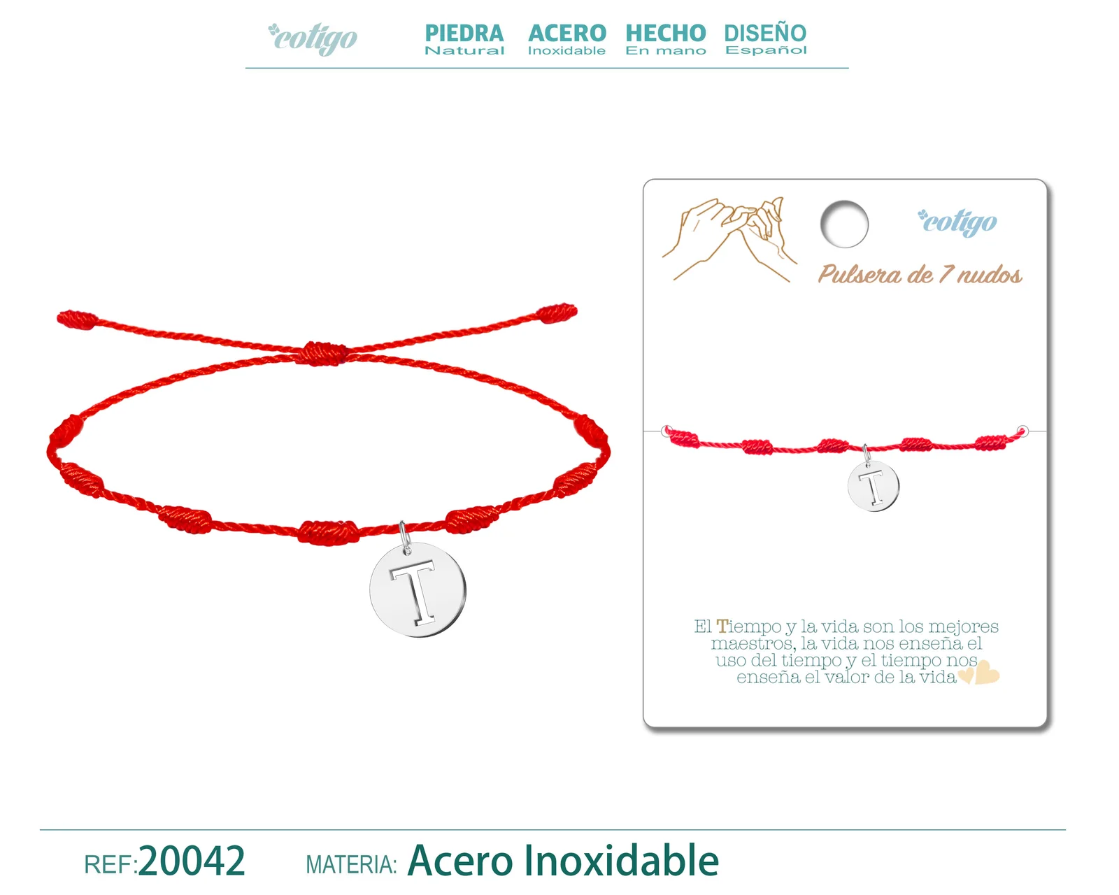 PULSERA 7 NUDOS CON LETRA T COLOR PLATEADO