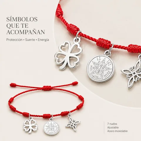 PULSERA 7 NUDOS CON TETRAGRÁMATON  NUDO DE BRUJA Y TRÉBOL DE LA SUERTE ACERO PLATEADO