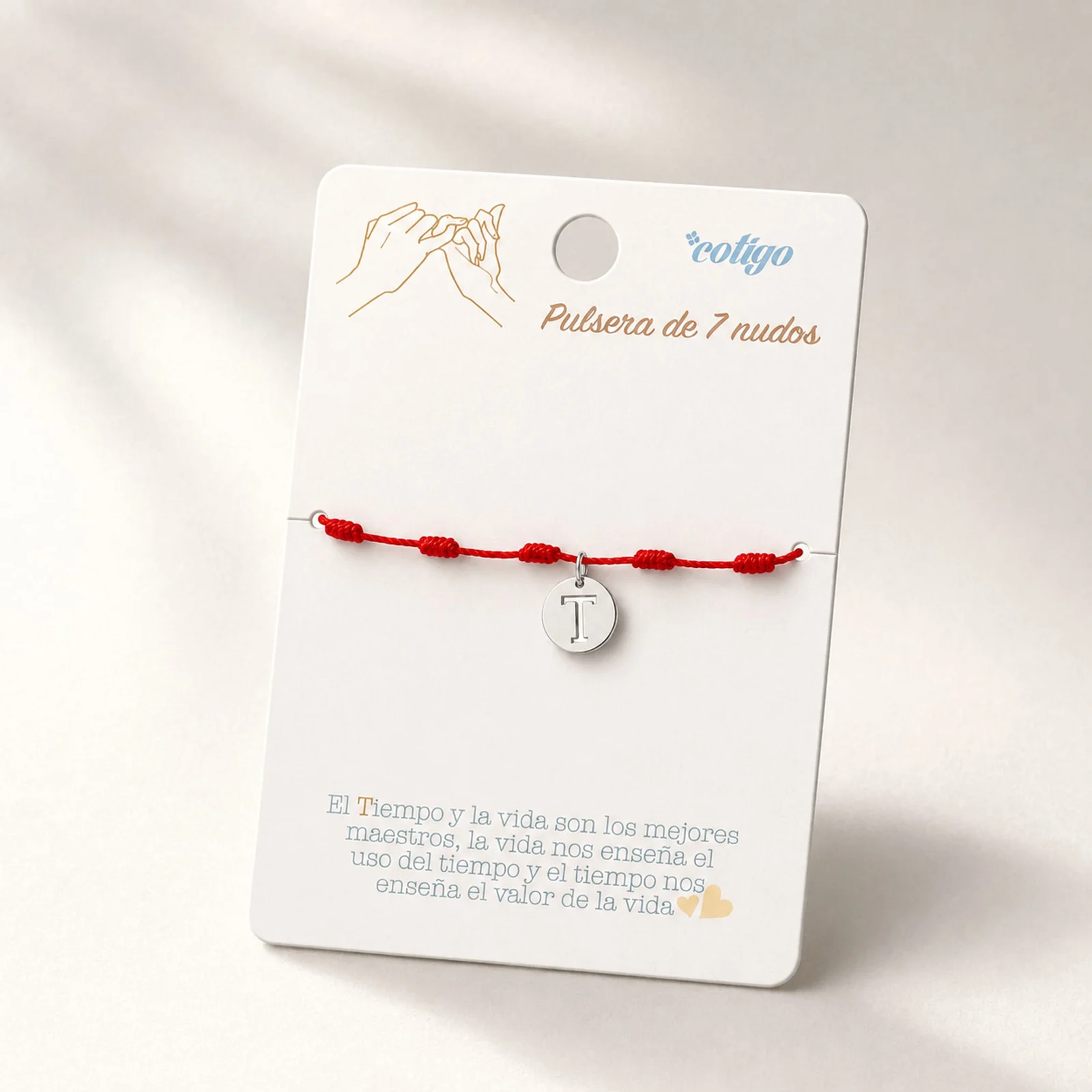 PULSERA 7 NUDOS CON LETRA T COLOR PLATEADO