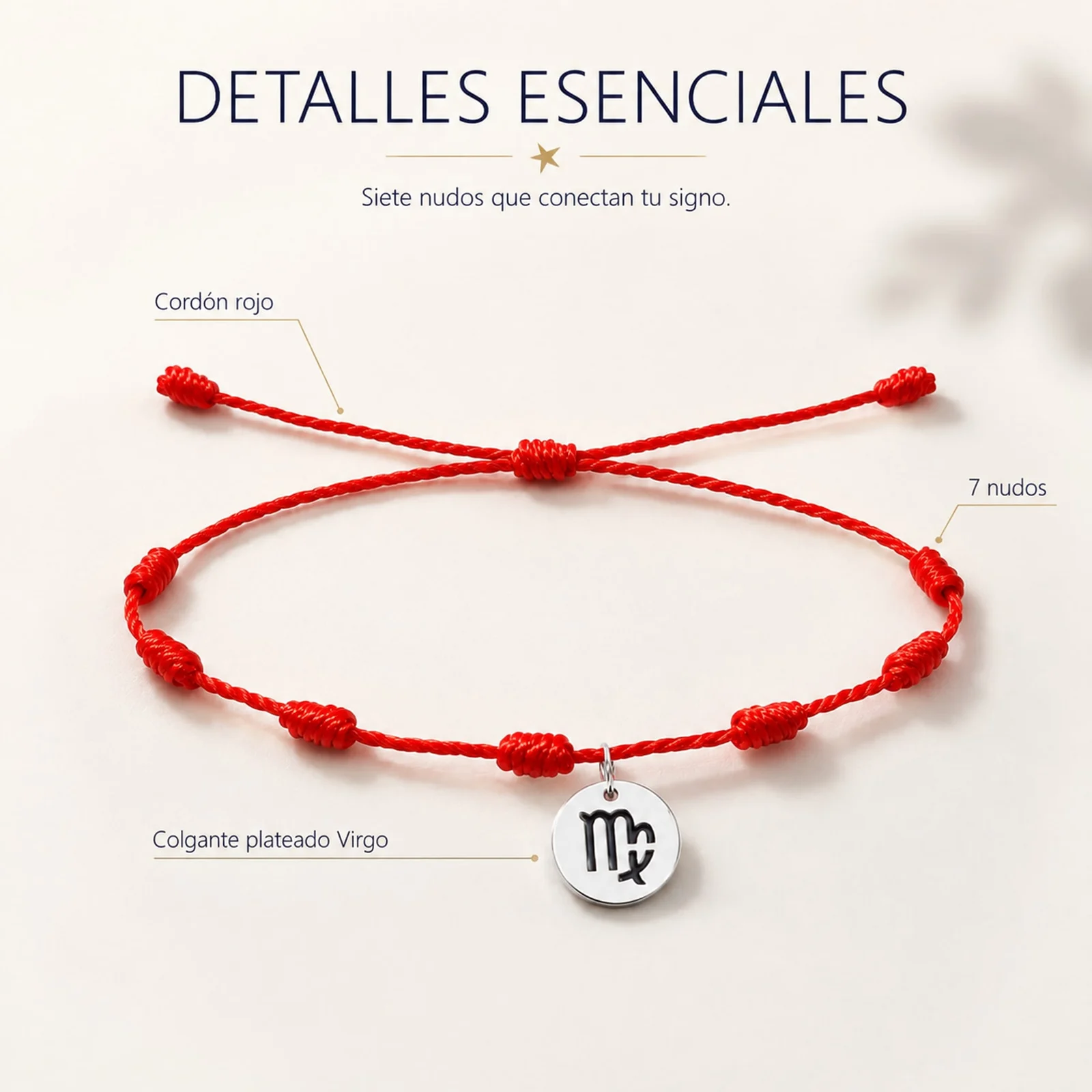 PULSERA 7 NUDOS CON VIRGO ACERO. COLOR PLATEADO