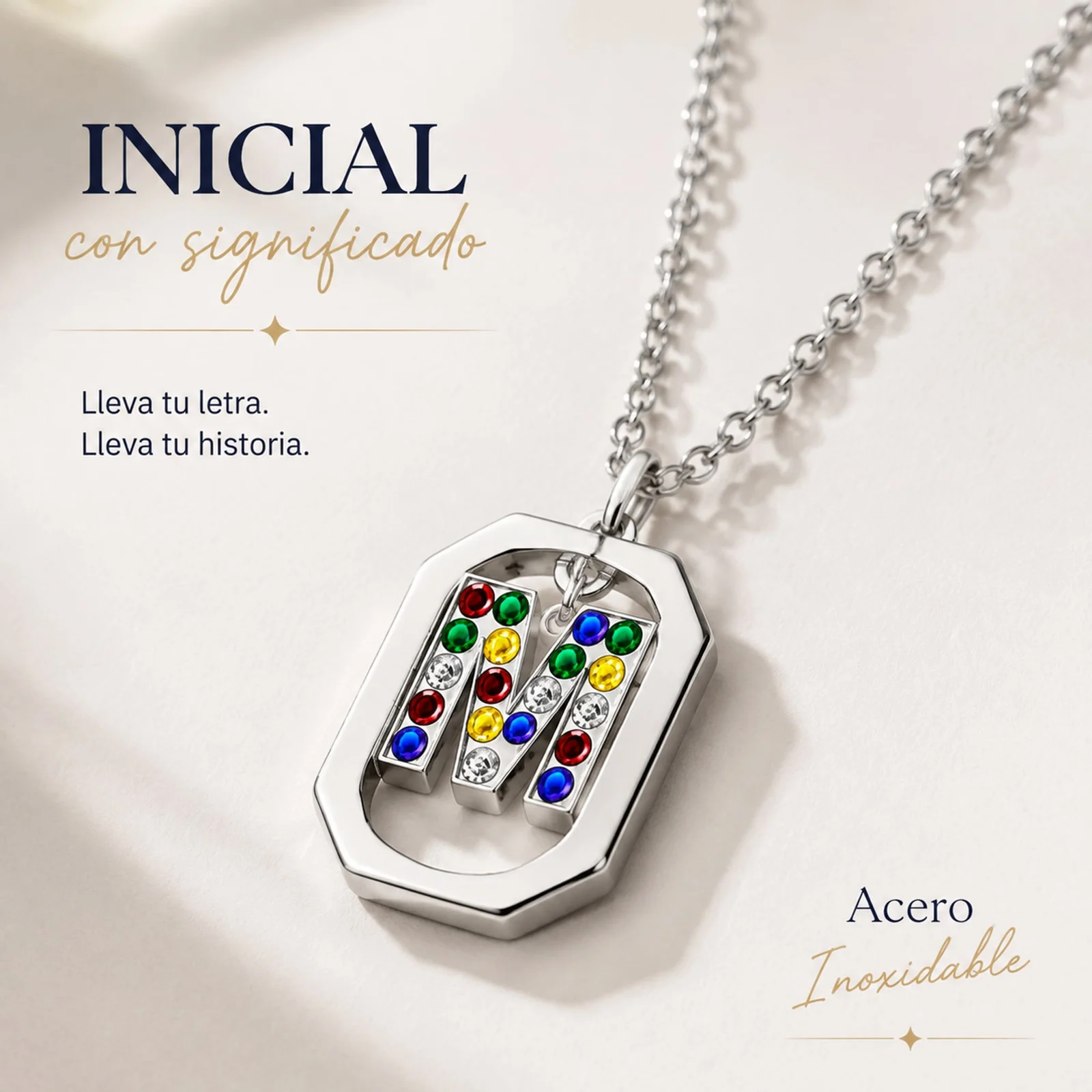 COLLAR INICIAL LETRA M ACERO CON SOBRE