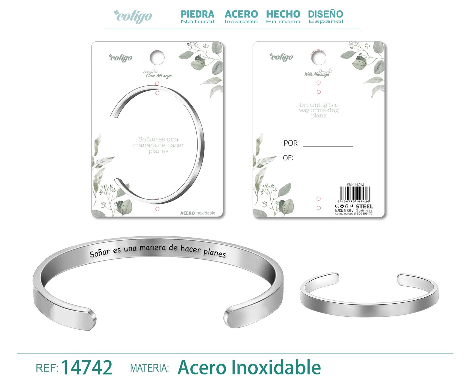 BRAZALETE ACERO CON MENSAJE ESPAÑOL