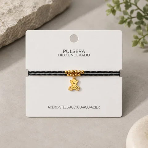 PULSERA HILO ENCERADO CON COLGANTE OSO ACERO DORADO