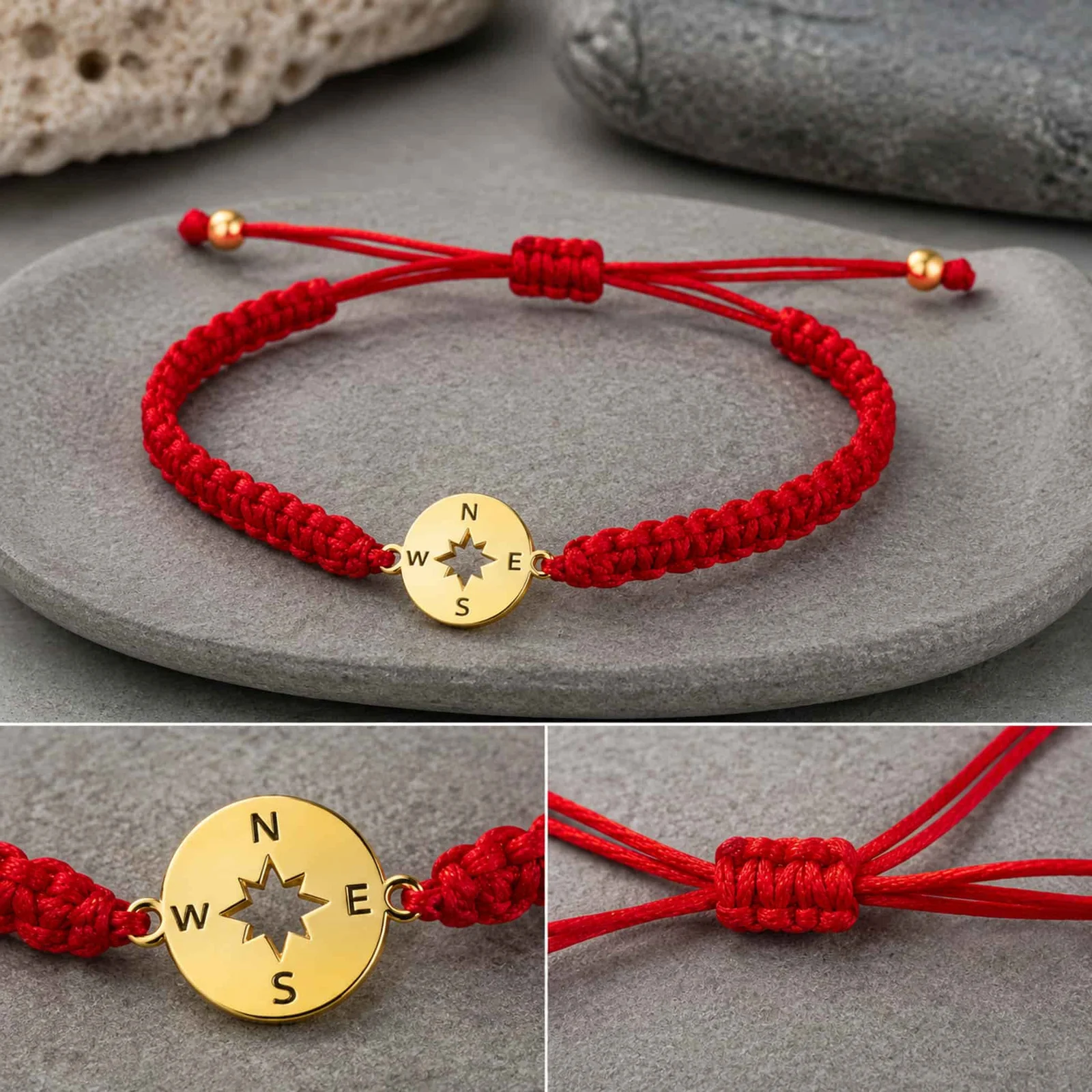 PULSERA HILO DESTINO  CON BRÚJULA ACERO DORADO