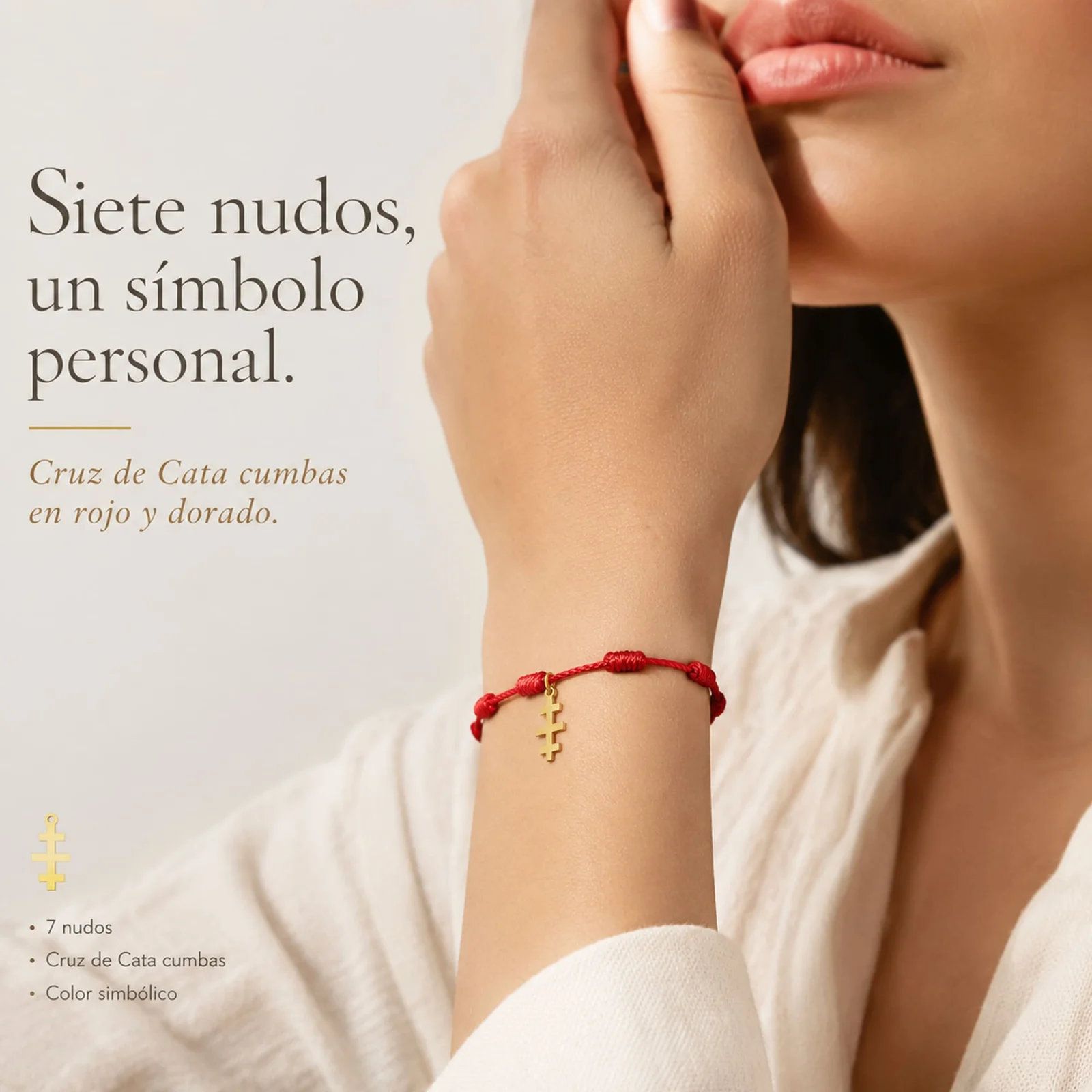 PULSERA 7 NUDOS CON CRUZ DE CATA CUMBAS COLOR DORADO