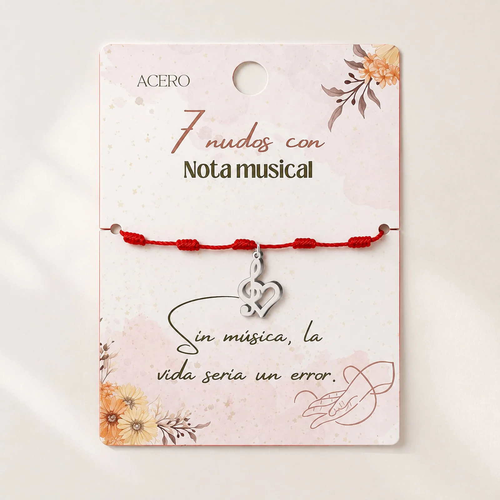 PULSERA 7 NUDOS CON NOTA MUSICAL COLOR PLATEADO
