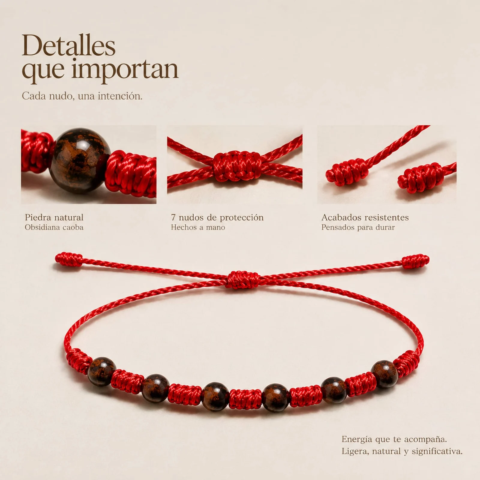 PULSERA 7 NUDOS CON  OBSIDIANA CAOBA 4MM
